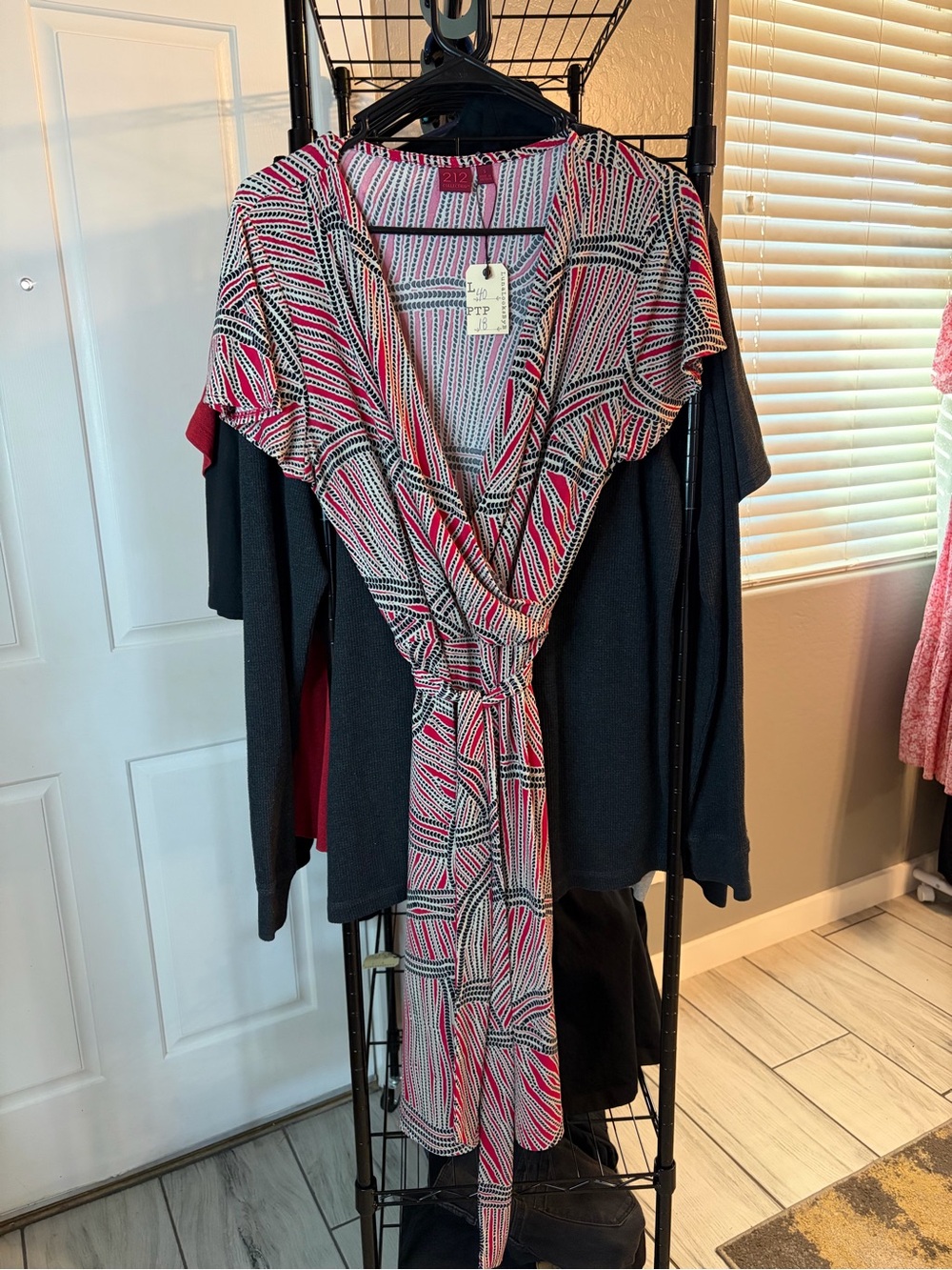 212 Collection Pink, Black & White Patterned Midi Dress with Tie